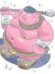  2020 3:4 anthro belly bulge clothing dain_4201 domestic_pig hat headgear headwear hi_res humanoid_hands kemono male mammal moobs navel overweight overweight_anthro overweight_male pink_body solo suid suina sus_(pig) weapon 