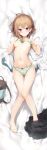  1girl ass_visible_through_thighs bangs bare_arms bare_shoulders barefoot bed_sheet black_bow blush bow bow_panties bra bra_lift braid breasts breasts_outside brown_hair closed_mouth collarbone cross cross_earrings dakimakura earrings eyebrows_visible_through_hair frilled_panties frills from_above green_bra green_panties hair_ornament hairclip highres jewelry looking_at_viewer lying medium_breasts navel nipples on_back original panties purple_eyes see-through senji_(tegone_spike) short_hair_with_long_locks solo stomach thigh_gap thighs underwear underwear_only 