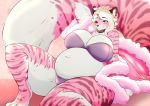  2020 absurd_res anthro belly big_belly big_breasts blue_eyes bra breasts clothing collar curvy_figure digitigrade felid female fluffy fluffy_tail fur hair hi_res mammal marzipie navel overweight overweight_anthro overweight_female pantherine panties pink_body pink_fur pink_hair robe solo stripped_fur thick_thighs tiger underwear vale-city voluptuous white_body white_fur 