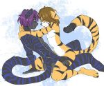  2020 black_body black_fur black_nose black_stripes blue_stripes brown_hair digital_media_(artwork) eyewear felid fur gimka glasses hair kneeling male male/male mammal orange_body orange_fur pantherine purple_hair sitting smile striped_body striped_fur stripes tiger 