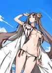  1girl bangs bare_shoulders beach bikini blue_sky breasts brown_eyes brown_hair cleavage closed_mouth collarbone consort_yu_(fate) earrings eyewear_on_head fate/grand_order fate_(series) hair_ornament highres isao jewelry long_hair looking_to_the_side looking_up medium_breasts multiple_earrings navel open_clothes robe sky sunglasses swimsuit thighs twintails very_long_hair white_bikini yu_miaoyi_(swimsuit_lancer) 