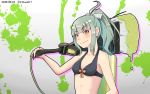  1girl bikini black_bikini breasts chiwa_(chiwa0617) collarbone commentary_request green_hair hair_ribbon highres kantai_collection long_hair looking_at_viewer oversized_object paint_splatter paintbrush ponytail ribbon small_breasts solo splatoon_(series) swimsuit upper_body white_ribbon yuubari_(kantai_collection) 