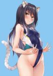  1girl animal_ear_fluff animal_ears bangs bare_shoulders black_hair blue_background blue_swimsuit blush breasts gradient_hair grey_hair highleg highleg_swimsuit long_hair looking_at_viewer marisasu_(marisa0904) medium_breasts multicolored_hair navel one-piece_swimsuit princess_connect! princess_connect!_re:dive shiori_(princess_connect!) simple_background striped_tail swimsuit tail thighs tiger_ears tiger_girl tiger_tail yellow_eyes 