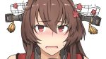  1girl bangs blush brown_eyes brown_hair cherry_blossoms close-up detached_sleeves eyebrows_visible_through_hair face flower hair_between_eyes hair_flower hair_ornament hamu_koutarou headgear kantai_collection long_hair open_mouth solo sweatdrop yamato_(kantai_collection) 