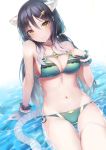 1girl animal_ears arm_support bare_shoulders bikini black_hair breasts choker cleavage frilled_bikini frills green_bikini hair_ornament hairclip jewelry large_breasts long_hair looking_at_viewer low_twintails mizya navel necklace princess_connect! princess_connect!_re:dive shiori_(princess_connect!) side-tie_bikini sitting smile solo stomach swimsuit tail thigh_strap thighs tiger_ears tiger_girl tiger_tail twintails water wet white_background white_choker wrist_cuffs yellow_eyes 
