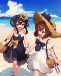  2girls alternate_costume anchor bag beach black_eyes black_hair blue_dress blue_sky brown_eyes brown_hair cloud commentary_request day dress feet_out_of_frame hat headset highres holding_hands kantai_collection mountain multiple_girls ocean official_alternate_costume open_mouth outdoors round_teeth sandals short_hair short_hair_with_long_locks sidelocks sky smile speaking_tube_headset straw_hat sun_hat sundress teeth tokitsukaze_(kantai_collection) upper_teeth water white_dress yoshino_ns yukikaze_(kantai_collection) 