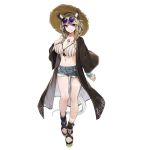  1girl animal_ear_fluff animal_ears arknights bikini black_coat blue_shorts breasts brown_hair cleavage coat collarbone denim denim_shorts eyewear_on_head front-tie_bikini front-tie_top full_body grey_bikini hair_ornament hairclip hand_on_own_chest hat jewelry kamameshi_gougoumaru large_breasts long_hair long_sleeves looking_at_viewer navel necklace off_shoulder open_clothes open_coat purple_eyes round_eyewear sandals short_shorts shorts smile solo standing stomach straw_hat string_bikini striped striped_bikini sunglasses swimsuit tail thighs toenail_polish transparent_background utage_(arknights) wide_sleeves wristband x_hair_ornament 