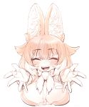  1girl ^_^ anchors animal_ear_fluff animal_ears breasts character_request close-up closed_eyes highres kemono_friends large_breasts monochrome open_hands open_mouth outstretched_arms solo white_background 