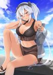  1girl absurdres bikini black_bikini black_nails blush breasts cloud cloudy_sky collarbone cosplay day eyebrows_visible_through_hair fingernails glasses grey_jacket hair_between_eyes highres huge_filesize jacket kantai_collection large_breasts long_hair long_sleeves musashi_(kantai_collection) nail_polish ocean open_clothes open_jacket open_mouth red_eyes sandals silver_hair sky solo suzutsuki_(kantai_collection) suzutsuki_(kantai_collection)_(cosplay) swimsuit toenail_polish toenails two_side_up water yunamaro 
