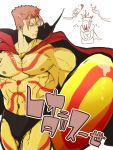  1boy abs barbecue fate/grand_order fate_(series) fire highres holding koryuu_(gackter10) leonidas_(fate/grand_order) looking_back male_focus muscle navel nipples red_eyes red_hair shield sketch tattoo thighs weapon 