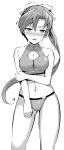  1girl akigumo_(kantai_collection) ass_visible_through_thighs bikini blush bondo_(borndragon) breasts cleavage cleavage_cutout commentary_request contrapposto feet_out_of_frame greyscale hair_ribbon halter_top halterneck highres kantai_collection long_hair medium_breasts monochrome nose_blush ponytail ribbon solo standing swimsuit turtleneck 