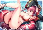  1girl 8gou ;d afloat armpits arrow_through_heart ass bangs bare_legs bare_shoulders bikini black_footwear black_headwear blush breasts cleavage epaulettes eyebrows_visible_through_hair grin hand_on_own_chest hat hololive houshou_marine innertube large_breasts legs_up long_hair long_sleeves looking_at_viewer lying o-ring o-ring_bikini off_shoulder on_back one_eye_closed open_mouth pirate_hat purple_hair red_bikini red_eyes sandals skindentation smile solo swimsuit teeth thighs twintails v-shaped_eyebrows virtual_youtuber water 