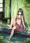  1girl adapted_costume architecture arm_support bamboo bamboo_forest bangs bare_shoulders barefoot black_hair blunt_bangs bra breasts closed_mouth collarbone east_asian_architecture flan_(seeyouflan) forest frilled_bra frills highres hime_cut houraisan_kaguya leg_up lily_pad long_hair looking_at_viewer nature navel outdoors pink_bra pond skirt small_breasts smile solo stomach straight_hair tied_skirt toes touhou underwear very_long_hair 