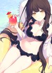  bangs bikini black_bikini breasts character_request collarbone cup drink eyebrows eyebrows_visible_through_hair forever_7th_capital holding holding_cup innertube jewelry long_hair looking_at_viewer mole mole_under_eye navel neck_ring silltare smile swimsuit 