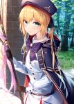  1girl artoria_pendragon_(all) artoria_pendragon_(caster) bangs beret black_cape black_gloves black_ribbon blonde_hair blush breasts brick_wall cape capelet closed_mouth commentary_request cowboy_shot day double-breasted eyebrows_visible_through_hair fate/grand_order fate_(series) forest from_side gloves grass green_eyes hair_between_eyes hair_ribbon hakuishi_aoi hat highres holding holding_staff hood hood_down jacket long_hair long_sleeves looking_at_viewer multicolored_hair nature outdoors pantyhose red_skirt ribbon road skirt smile solo staff standing stone_floor sunlight tree twintails two-tone_hair white_hair white_jacket white_skirt 