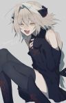  1boy alternate_costume astolfo_(fate) bangs bare_shoulders black_bow black_legwear bow braid eyebrows eyebrows_visible_through_hair fate/apocrypha fate/grand_order fate_(series) grey_background grey_hair hair_between_eyes hair_intakes long_hair long_sleeves looking_to_the_side male_focus multicolored_hair open_mouth otoko_no_ko simple_background single_braid sitting solo thighhighs very_long_hair yellow_eyes yuno_tsuitta 