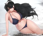  1girl arm_support arm_under_breasts beach bikini black_bikini black_hair breasts cleavage closed_mouth collarbone commentary_request floating_hair hair_over_one_eye hair_ribbon halterneck highres huge_breasts leaning_to_the_side mole mole_under_mouth original ponytail red_eyes ribbon senju_(snz0) solo swimsuit thigh_gap water white_ribbon wind 