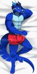  3_toes 5_fingers anthro black_hair blue_body blue_eyes boxers_(clothing) bulge christopher_wyvern clothing dakimakura_design dragon fingers front_view hair hi_res horn male muscular muscular_anthro muscular_male nipple_piercing nipples piercing red_clothing scalie skyver_chase skyverchase solo striped_tail stripes toes underwear 