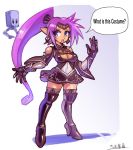  1girl black_eyes blue_eyes boots breasts cleavage cleavage_cutout confused cosplay dark_skin english_text floating highres looking_back medium_breasts nier_(series) nier_automata oomasa_teikoku pod_(nier_automata) ponytail purple_hair robot shantae_(character) shantae_(series) solo_focus speech_bubble thigh_boots thighhighs yorha_no._2_type_b yorha_no._2_type_b_(cosplay) 