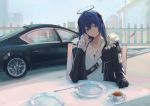  7ife arknights blue_hair car drink gloves halo long_hair mostima_(arknights) necklace 