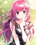  1girl arm_between_breasts bare_shoulders black_dress blurry blurry_background blush breasts closed_mouth collarbone commentary_request day depth_of_field dress floral_print half_updo hand_on_own_face highres kimishima_ao long_hair looking_at_viewer medium_breasts original outdoors pink_hair print_dress purple_eyes signature sleeveless sleeveless_dress smile solo upper_body wavy_hair 