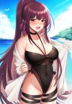  1girl :o bangs bare_shoulders beach bird black_bow black_choker black_swimsuit blue_sky blush bow breasts choker cleavage collarbone commentary_request covered_navel girls_frontline hair_ribbon high_ponytail highleg highleg_swimsuit highres kinsenka_momi large_breasts long_hair long_ponytail looking_to_the_side ocean open_clothes open_mouth open_shirt outdoors purple_hair red_eyes ribbon sand shirt_removed shore sidelocks sky standing sweat swimsuit thigh_strap very_long_hair wa2000_(girls_frontline) water 