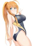  1girl ahoge aqua_eyes ass bangs bare_arms bare_shoulders black_swimsuit blush braid breasts closed_mouth competition_swimsuit dutch_angle eyebrows_visible_through_hair from_side highres impossible_clothes impossible_swimsuit kibihimi large_breasts looking_at_viewer looking_to_the_side one-piece_swimsuit orange_hair pecorine ponytail princess_connect! princess_connect!_re:dive side_braid sidelocks simple_background smile solo swimsuit thighs v white_background 