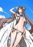  1girl absurdres bangs bare_shoulders beach bikini blue_sky breasts brown_eyes brown_hair cleavage closed_mouth collarbone consort_yu_(fate) earrings eyewear_on_head fate/grand_order fate_(series) hair_ornament highres isao jewelry long_hair looking_to_the_side looking_up medium_breasts multiple_earrings navel open_clothes robe sky sunglasses swimsuit thighs twintails very_long_hair white_bikini yu_miaoyi_(swimsuit_lancer) 