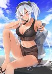  1girl absurdres bikini black_bikini black_nails blush breasts cloud cloudy_sky collarbone cosplay day eyebrows_visible_through_hair fingernails glasses grey_jacket hair_between_eyes highres jacket kantai_collection large_breasts long_hair long_sleeves musashi_(kantai_collection) nail_polish ocean open_clothes open_jacket open_mouth red_eyes sandals silver_hair sky solo suzutsuki_(kantai_collection) suzutsuki_(kantai_collection)_(cosplay) swimsuit toenail_polish toenails two_side_up water yunamaro 