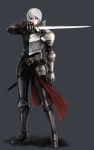  1boy armor belt blue_eyes breastplate clenched_hand closed_mouth eyebrows_visible_through_hair gauntlets greaves grey_background hair_between_eyes holding holding_sword holding_weapon knight male_focus mhg_(hellma) original pauldrons scabbard sheath shoulder_armor simple_background solo standing sword torn_clothes weapon white_hair 