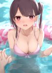  1girl bangs bare_arms bare_shoulders bikini blurry blurry_background blush breasts brown_hair cleavage collarbone commentary_request depth_of_field ear_piercing earrings eyebrows_visible_through_hair heart heart_earrings highres holding_hands innertube interlocked_fingers jewelry kanju looking_at_viewer medium_breasts one_side_up open_mouth original partially_submerged piercing pink_bikini red_eyes sidelocks solo_focus swimsuit upper_body water 