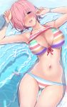  1girl bangs bare_shoulders bikini blush breasts cleavage fate/grand_order fate_(series) hair_over_one_eye highres large_breasts lavender_hair looking_at_viewer mash_kyrielight navel open_mouth purple_eyes rainbow_bikini sheer_clothes short_hair smile striped striped_bikini swimsuit swimsuit_of_perpetual_summer_ver.02 thighs untue 