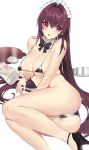  1girl bangs bare_shoulders bikini black_bikini blush breasts cleavage collarbone damda fate/grand_order fate_(series) large_breasts long_hair looking_at_viewer maid_headdress navel open_mouth purple_hair red_eyes scathach_(fate)_(all) scathach_(fate/grand_order) spill swimsuit teapot thighs tray white_background 