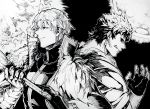  2boys armor back-to-back black_sclera caligula_(fate/grand_order) earrings fate/grand_order fate_(series) fingerless_gloves gawain_(fate/extra) gloves greyscale holding holding_weapon jewelry koryuu_(gackter10) male_focus monochrome moon multiple_boys short_hair sun sword weapon 