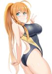  1girl ahoge aqua_eyes ass bangs bare_arms bare_shoulders black_swimsuit blush braid breasts closed_mouth competition_swimsuit dutch_angle eyebrows_visible_through_hair from_side highres impossible_clothes impossible_swimsuit kibihimi large_breasts looking_at_viewer looking_to_the_side one-piece_swimsuit orange_hair pecorine ponytail princess_connect! princess_connect!_re:dive side_braid sidelocks simple_background smile solo swimsuit thighs v water_drop wet white_background 