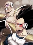  2boys armor bald black_eyes black_hair blurry blurry_foreground closed_mouth commentary_request crossed_arms dragon_ball dragon_ball_z gloves kamimura_(gin_cpu) male_focus multiple_boys muscle nappa scouter teeth vegeta watermark white_gloves 