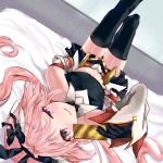  1boy animal_ears armor armored_dress astolfo_(fate) astolfo_(saber)_(fate) bangs black_bow black_gloves black_legwear black_ribbon bow bowtie bunny_ears bunny_hair_ornament card closed_mouth dress fate/grand_order fate_(series) gloves hair_bow hair_intakes hair_ornament hair_ribbon happy highres holding holding_card isuzu_(an_icy_cat) long_hair long_sleeves looking_at_viewer low_twintails lying male_focus multicolored_hair on_back otoko_no_ko pink_hair purple_eyes ribbon smile solo streaked_hair thighhighs twintails 