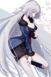  1girl ahoge bangs black_dress black_legwear blue_coat boots breasts coat collarbone dress fate/grand_order fate_(series) fur-trimmed_coat fur_trim hair_between_eyes jeanne_d&#039;arc_(alter)_(fate) jeanne_d&#039;arc_(fate)_(all) long_hair looking_to_the_side medium_breasts open_mouth short_dress silver_hair simple_background smile solo standing thighs undressing white_background wicked_dragon_witch_ver._shinjuku_1999 yellow_eyes yuno_tsuitta zipper 