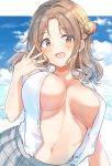  1girl :d bangs blush breasts brown_eyes brown_hair cleavage cloud cloudy_sky collarbone day eyebrows_visible_through_hair grey_skirt hair_bun hand_up highres ichikawa_hinana idolmaster idolmaster_shiny_colors large_breasts long_hair navel no_bra open_clothes open_mouth open_shirt outdoors outside_border parted_bangs plaid plaid_skirt pleated_skirt shiitake_taishi shirt short_sleeves side_bun skirt sky smile solo stomach upper_body white_shirt 