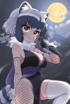  1girl alternate_costume animal_ear_fluff animal_ears bangs black_hair blush bodysuit breasts brown_eyes cleavage cloud commentary_request common_raccoon_(kemono_friends) elbow_gloves extra_ears eyebrows_visible_through_hair fang fang_out fishnet_fabric fishnet_gloves fishnet_legwear fishnets full_moon fur_collar gloves grey_hair highres japanese_clothes kemono_friends kimono kunai looking_at_viewer medium_breasts moon multicolored_hair night night_sky ninja no_panties outdoors raccoon_ears raccoon_tail ransusan reverse_grip short_hair short_kimono sky smile solo tail thighhighs weapon white_legwear 