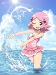  1girl casual_one-piece_swimsuit cherry_blossom_print cloud floral_print hair_ornament highres ocean one-piece_swimsuit one_eye_closed open_mouth outdoors outstretched_arms pink_eyes pink_hair pink_skirt pink_swimsuit puzzle_&amp;_dragons short_hair skirt sky smile solo splashing sun swimsuit swimsuit_skirt thighs uzuki_sakura wading water zootan 