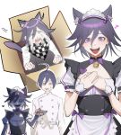 2boys absurdres ahoge alternate_costume animal_ears apron bangs black_hair box cardboard_box cat_boy cat_ears cat_tail checkered checkered_scarf commentary crazy_eyes crossdressing crying danganronpa double-breasted dress enmaided evil_grin evil_smile grin hair_between_eyes heart highres jacket kyandii long_sleeves looking_at_viewer maid maid_apron maid_headdress male_focus multiple_boys new_danganronpa_v3 open_mouth otoko_no_ko ouma_kokichi puffy_short_sleeves puffy_sleeves purple_eyes purple_hair saihara_shuuichi scarf short_sleeves simple_background sketch smile tail tears teeth white_apron white_background white_jacket 