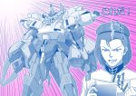  1boy absurdres clenched_hand emphasis_lines gattai gundam gundam_build_divers gundam_build_divers_re:rise highres kaneko_naoya looking_down mecha mecha_request monochrome one-eyed open_mouth paptimus_scirocco parody re:rising_gundam spot_color the_o zeon zeta_gundam 