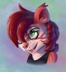  2019 anthro bust_portrait clothed clothing ear_tuft eyewear facial_piercing felid freckles fur glasses green_eyes hi_res mammal nose_piercing open_mouth open_smile pantherine piercing portrait red_body red_fur s1m smile solo teeth tiger tongue tuft white_body white_fur 