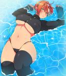  1girl breasts commentary_request crop_top eroe green_eyes hair_between_eyes large_breasts long_sleeves looking_at_viewer midriff navel one_eye_closed orange_hair original partially_submerged short_hair solo thighhighs underboob water wet 