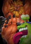  2020 5_toes abs ambiguous_gender anthro armband belt big_feet big_muscles black_background black_bottomwear black_claws black_clothing black_pants blue_eyes bodily_fluids bottomwear claws clothed clothing collar digimon digimon_(species) digital_media_(artwork) duo ear_piercing ear_ring ekumaru fangs feet foot_fetish foot_focus foot_lick foot_play fur green_body green_skin hands_above_head hi_res licking long_ears looking_down lying male mane muscular muscular_male nipples numemon on_back open_mouth orange_body orange_fur pants pecs piercing plantigrade red_eyes saliva sharp_claws sharp_teeth simple_background soles sweat teeth toes tongue tongue_out topless 
