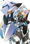  1girl albireo_scramble blue_eyes breasts cover cover_page covered_navel hand_on_hip highres looking_at_viewer mecha medium_breasts novel_cover official_art pilot_suit ponytail second-party_source shirousagi_uyu visor white_background white_hair 