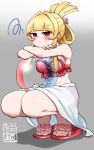  1girl ball bangs beachball blonde_hair blunt_bangs blush bow breasts cleavage commentary_request eyebrows_visible_through_hair folded_ponytail looking_at_viewer navel original red_bow red_eyes sandals see-through solo squatting swimsuit tiptoes yuzu_gin_(pika97) 