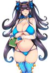  1girl absurdres bangs bare_shoulders bikini blue_bikini blue_legwear blush book breasts cleavage collarbone double_bun fate/grand_order fate_(series) highres holding holding_book huge_breasts long_hair long_sleeves looking_at_viewer murasaki_shikibu_(fate) murasaki_shikibu_(swimsuit_rider)_(fate) navel open_mouth sheer_clothes simple_background smile swimsuit thighhighs thighs tsukasawa_takamatsu very_long_hair white_background 
