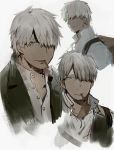  1boy aoki_(fumomo) collarbone cropped_torso ginko hair_over_one_eye looking_at_viewer male_focus mushishi official_style open_mouth shirt silver_hair sketch smoking solo upper_body white_background white_shirt 
